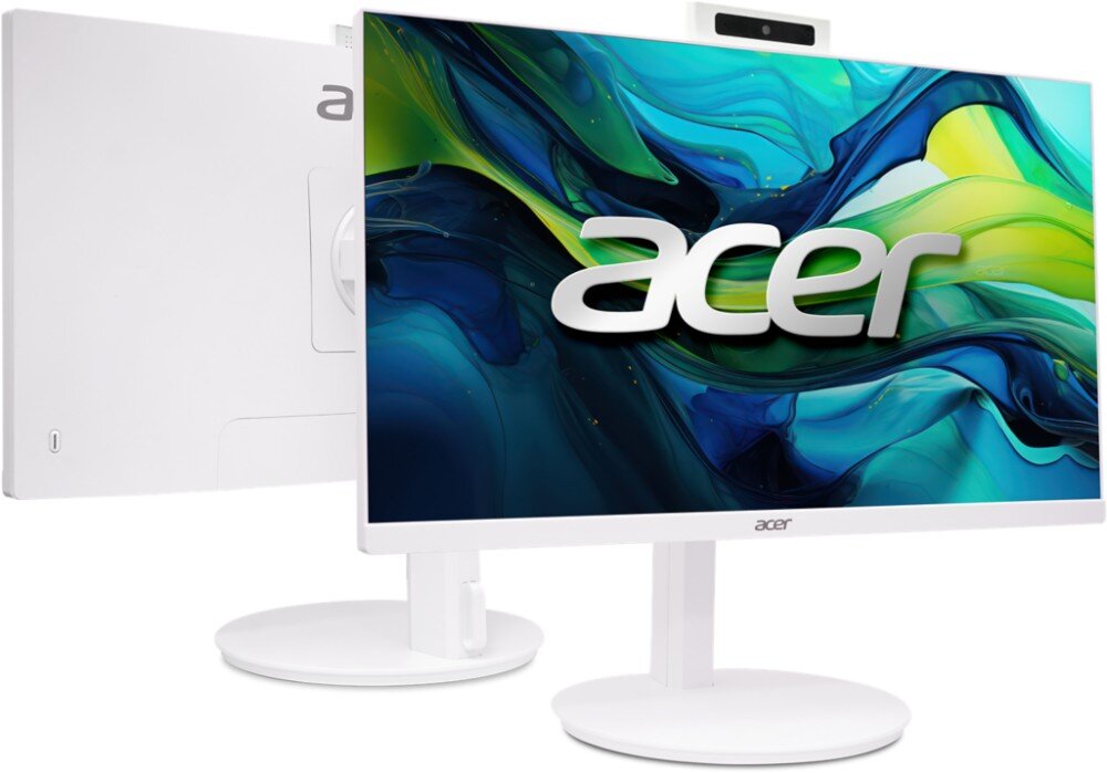 Komputer ACER Aspire C27-1E13U7UNH Widok z przodu i z tyłu białego komputera typu all-in-one z wyświetlaczem włączonym i wysuniętą kamerą u góry, opis