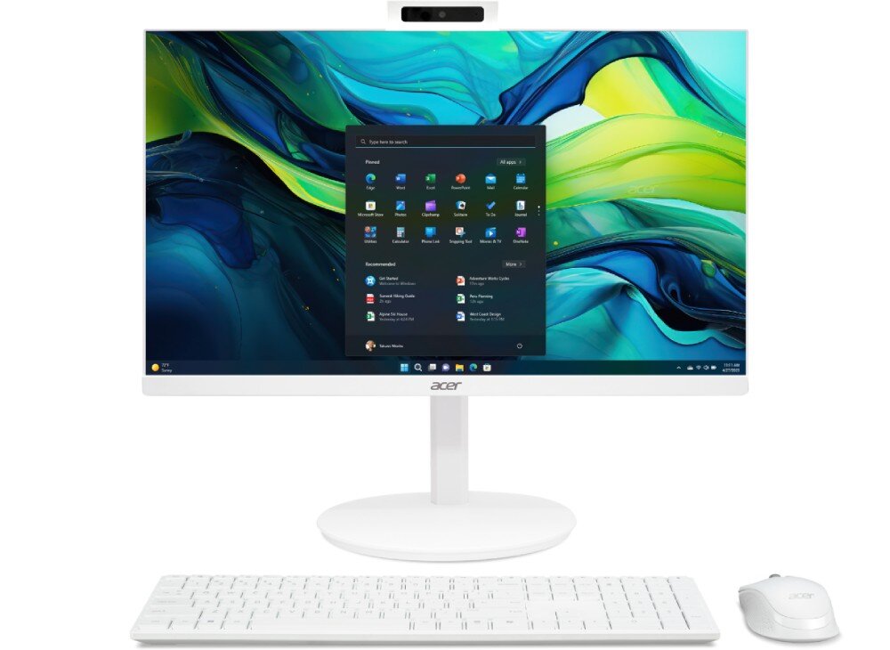 Komputer ACER Aspire C27-1E13U7UNH Biały komputer typu all-in-one z włączonym ekranem prezentującym system Windows, ustawiony na białej podstawce z klawiaturą i myszką, typ, obudowa, zestaw