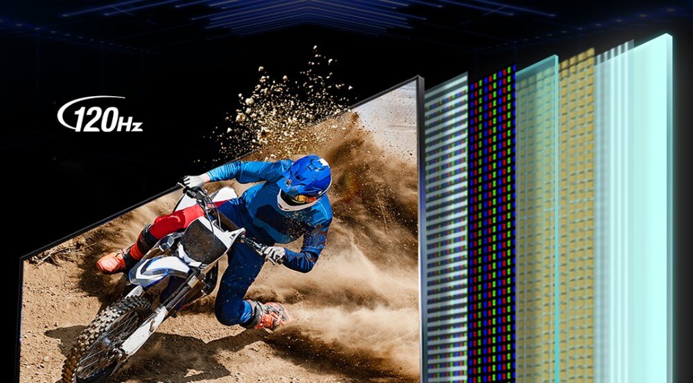 Komputer ACER Aspire C27-1E13U7UNH Ekran z dynamiczną sceną motocyklową i oznaczeniem '120Hz', z wizualizacją warstw panelu wyświetlacza, wyświetlacz, odświeżanie, przekątna, rozdzielczość