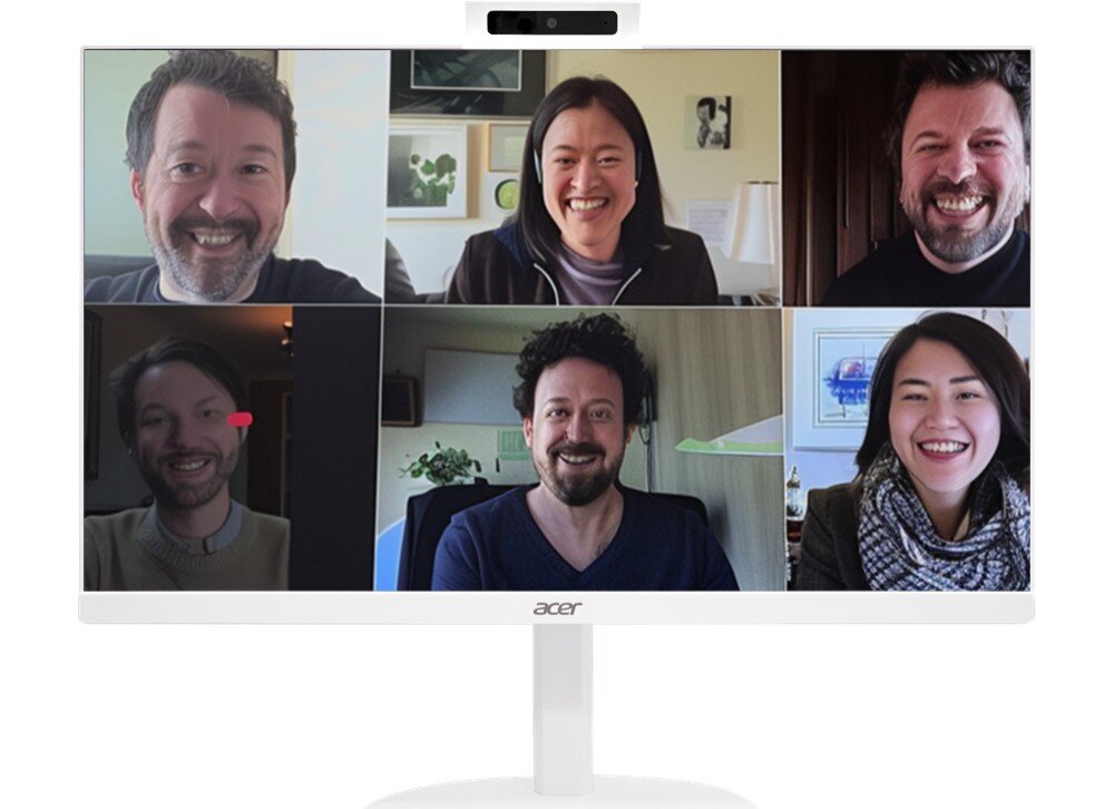 Komputer ACER Aspire C27-1E13U7UNH Komputer typu all-in-one podczas wideokonferencji z sześcioma osobami widocznymi na ekranie, kamera internetowa, wysuwanie