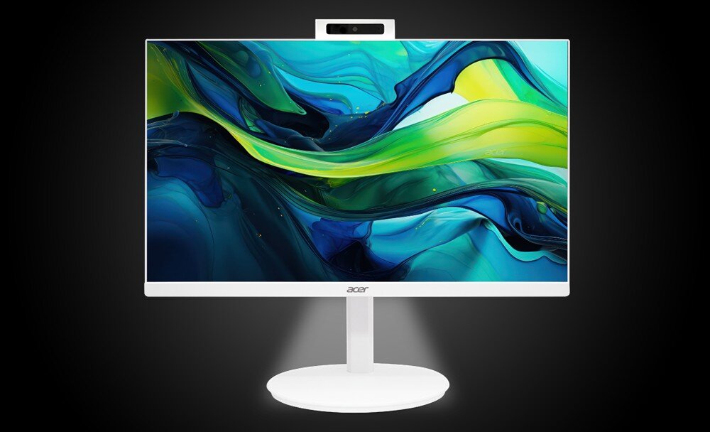 Komputer ACER Aspire C27-1E13U7UNH Monitor all-in-one z włączonym podświetleniem u podstawy i kolorową grafiką na ekranie, na czarnym tle, podświetlenie, czujnik ruchu