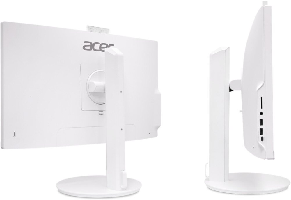 Komputer ACER Aspire C27-1E13U7UNH Widok z tyłu i z boku białego komputera typu all-in-one, z widocznymi złączami i regulowanym ramieniem podstawy, porty, złącza, podłączenie