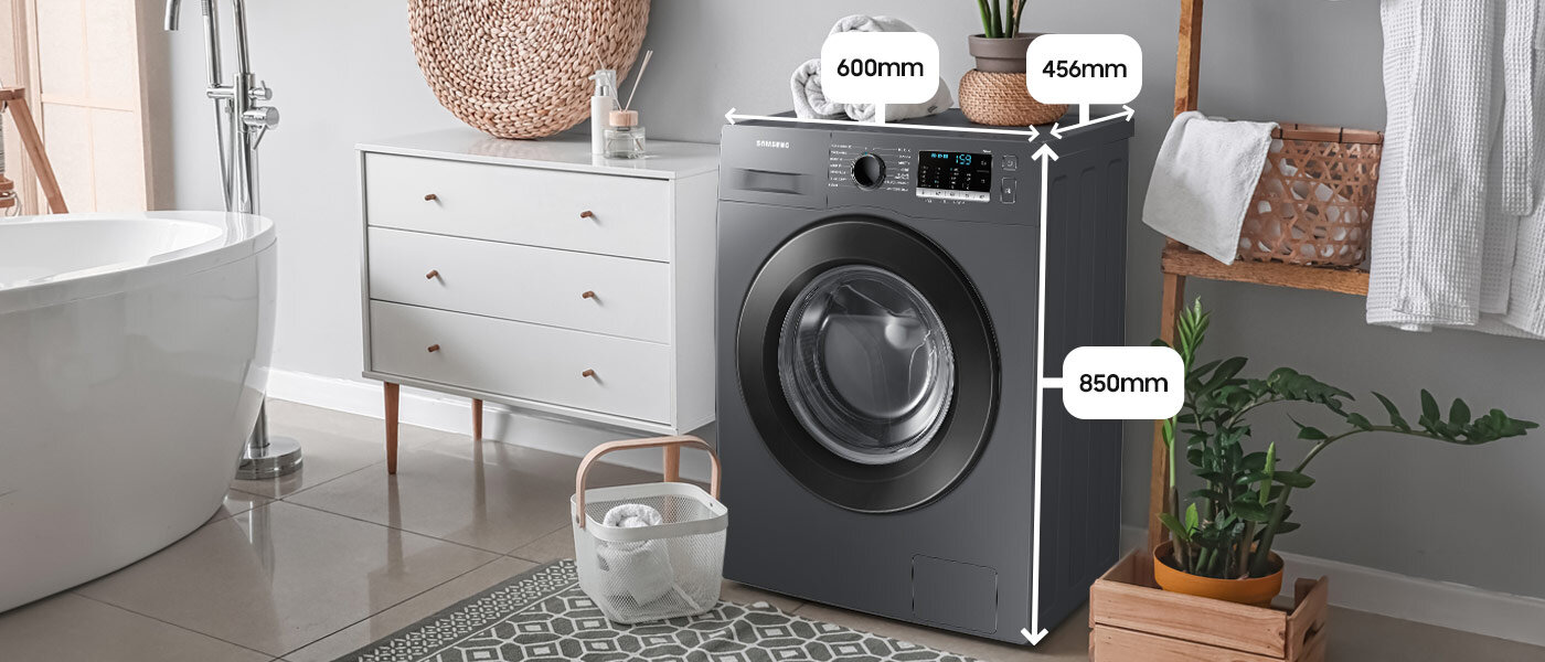 Dostępna w Media Expert wąska pralka Samsung WW8NK52E0PX na zdjęciu z wymiarami