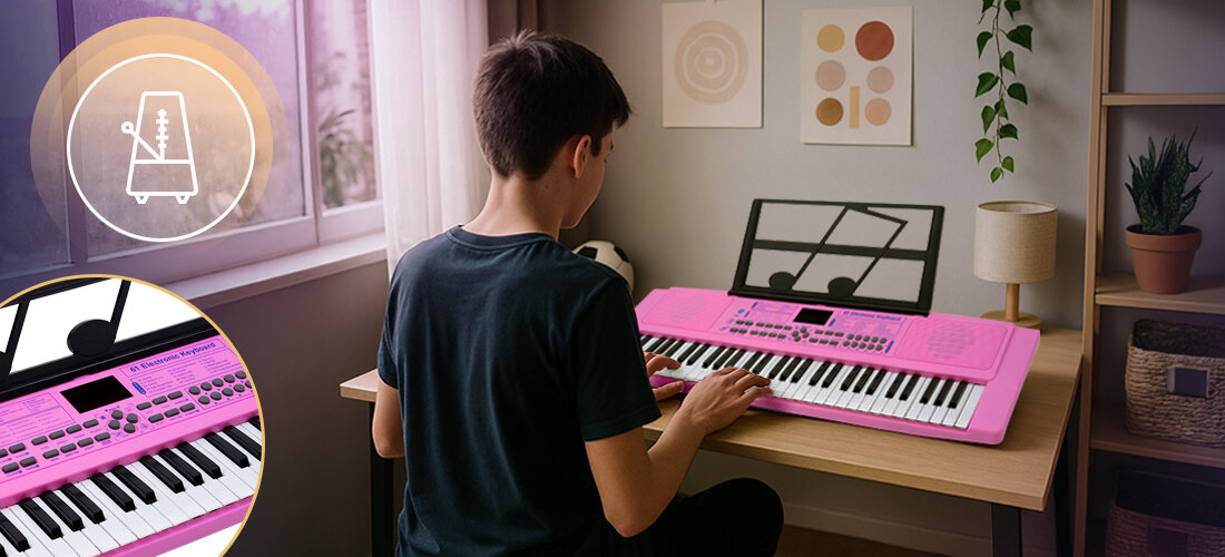 Osoba siedzi przy biurku i gra na różowym keyboardzie z wyświetlaczem i licznymi przyciskami. W rogu obrazu widoczna jest ikona metronomu.