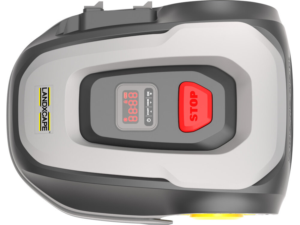 Robot koszący LANDXCAPE LX855 robot na białym tle widoczny z góry koszenie bez wysiłku zadbany trawnik automatyczne działanie zdrowy trawnik