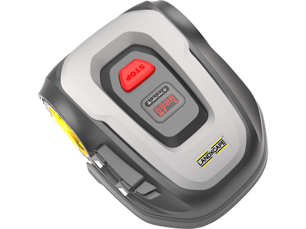 Robot koszący LANDXCAPE LX855 robot na białym tle widoczny od przodu po skosie równomierne i estetyczne koszenie pracuje samodzielnie oszczędność czasu i wysiłku zadbany trawnik