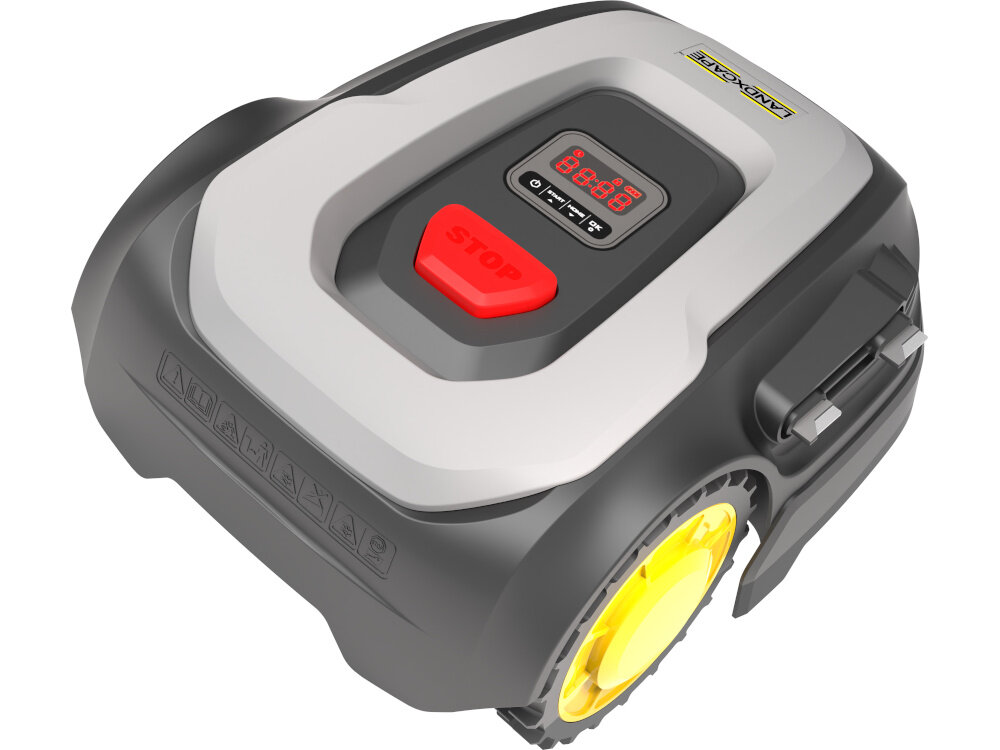 Robot koszący LANDXCAPE LX855 robot na białym tle widoczny od tyłu po skosie waga 9,8 kg łatwy do przenoszenia i instalacji niewielkie wymiary 49.3 x 49.3 x 26 cm wygodne przechowywanie innowacyjne rozwiązania technologiczne szybkie przestawianie urządzenia w razie potrzeby