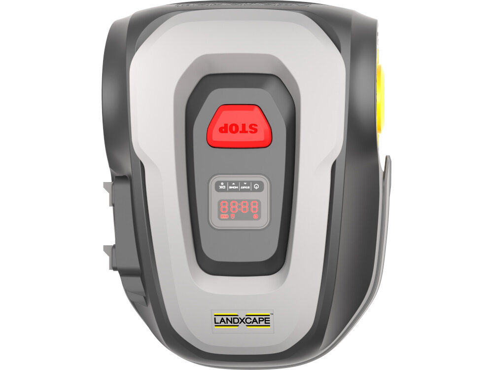 Robot koszący LANDXCAPE LX855 robot na białym tle widoczny z góry harmonogram pracy ustalone godziny koszenia samoczynnie wraca do stacji ładującej system programowania trawnik zadbany bez konieczności ręcznej obsługi automatyczne ładowanie i inteligentne zarządzanie energią oszczędność czasu