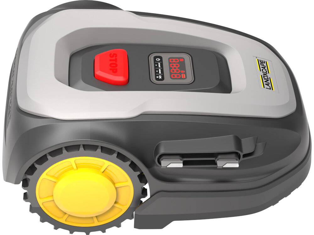 Robot koszący LANDXCAPE LX855 robot na białym tle widoczny z boku akumulator litowo-jonowy 20 V czas pracy do 90 minut na jednym ładowaniu automatycznie wraca do bazy czas ładowania około 240 minut efektywne zarządzanie energią obszar koszenia do 300 m² akumulator Li-Ion o pojemności 2,0 Ah długa żywotność wydajność