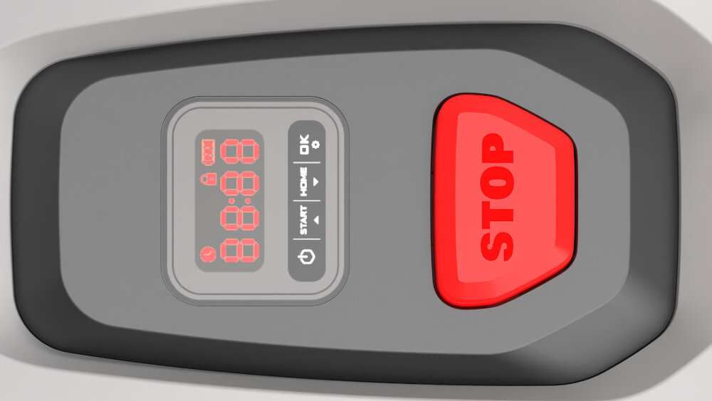 Robot koszący LANDXCAPE LX855 zbliżenie na wyświetlacz i przycisk STOP zintegrowane czujniki wykrywania przeszkód czujnik podnoszenia ochrona przed uszkodzeniami bezpieczeństwo użytkowania inteligentny system wykrywania przeszkód czujnik podnoszenia zabezpiecza przed przypadkowym kontaktem z ostrzami przycisk awaryjny STOP