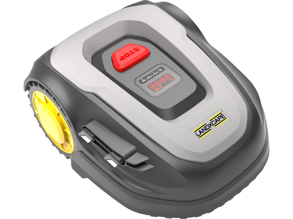Robot koszący LANDXCAPE LX855 robot na białym tle widoczny od przodu po skosie praca w terenie o nachyleniu do 15 stopni automatyczna obsługa wąskich przejść równomierne pokrycie całego obszaru inteligentny system nawigacji omija przeszkody i efektywnie wykorzystuje dostępną powierzchnię