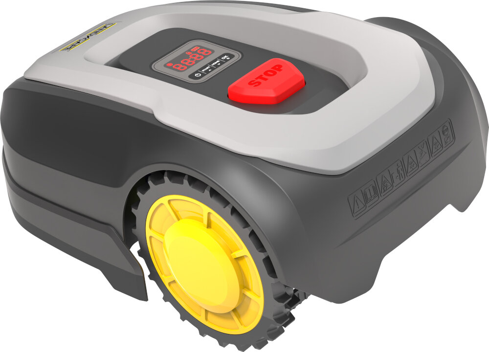 Robot koszący LANDXCAPE LX855 robot na białym tle widoczny od tyłu po skosie obudowa z wytrzymałego poliwęglanu standard wodoodporności IPX3 odporny na wilgoć i zachlapania ochrona urządzenia przed uszkodzeniami mechanicznymi i wpływem czynników atmosferycznych wydajność