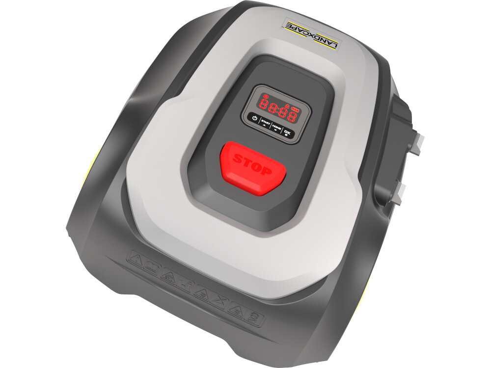 Robot koszący LANDXCAPE LX855 robot na białym tle widoczny od tyłu po skosie poziom hałasu 65 dB można używać o dowolnej porze dnia cicha praca komfortowe w codziennym użytkowaniu