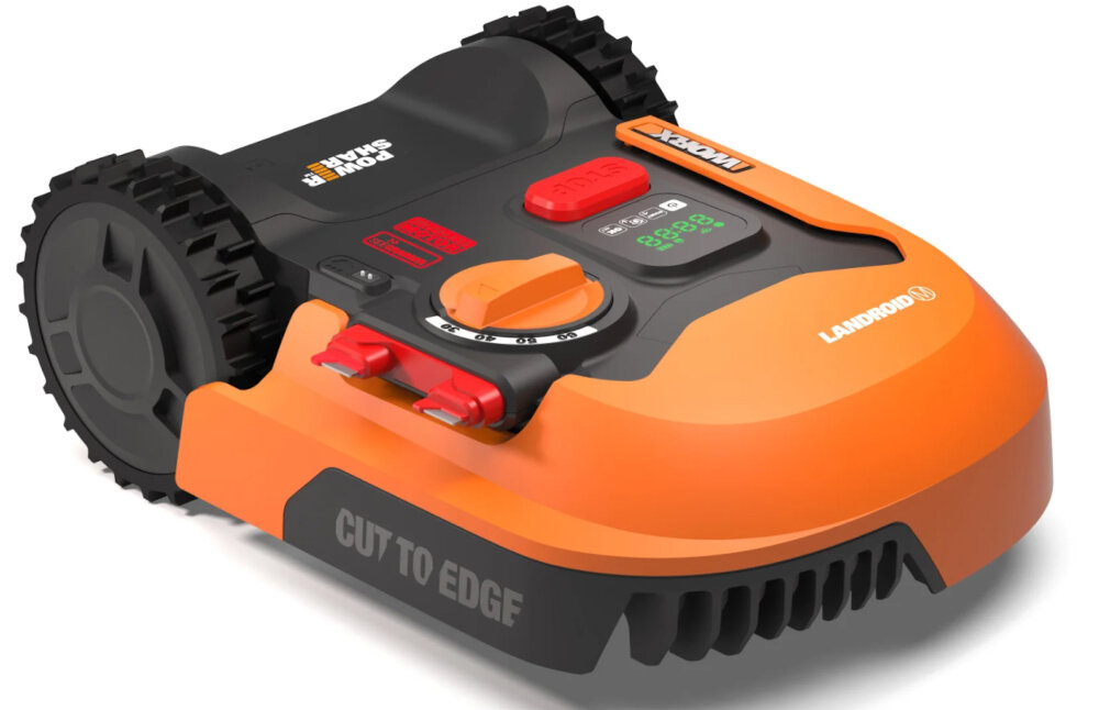Robot koszący WORX Landroid S250 robot na białym tle widoczny od przodu pod skosem do pielęgnacji trawników o powierzchni do 250 m² działa całkowicie automatycznie samodzielnie kosi omija przeszkody i wraca do stacji ładującej aplikacja mobilna harmonogram pracy 