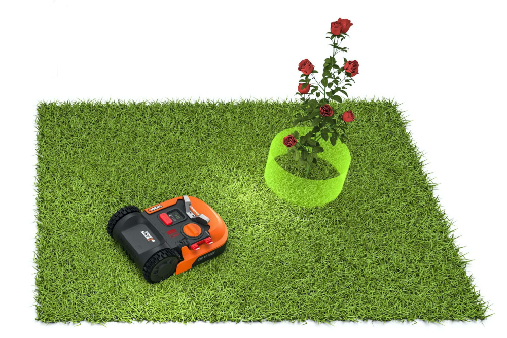 Robot koszący WORX Landroid S250 wizualizacja robot omija krzew róży łączność Wi-Fi aplikacja Landroid zarządzanie za pomocą smartfona zintegrowany system Noesis tworzenie harmonogramu koszenia na podstawie rzeczywistego wzrostu trawy analizuje dane z chmury pogodę i porę roku w pełni zautomatyzowany proces