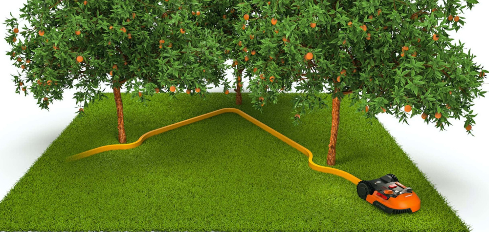 Robot koszący WORX Landroid S250 wizualizacja trawnik robot omija drzewa technologia AIA robot porusza się w sposób inteligentny a nie losowy sprawnie przejeżdża przez wąskie korytarze unika zbędnego cofania się