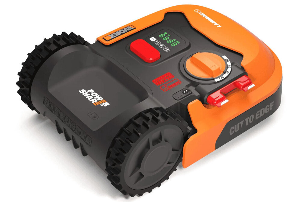 Robot koszący WORX Landroid S250 robot na białym tle widoczny pod skosem od tyłu trzy ostrza cięcie na szerokość do 160 mm regulacja koszenia wysokości od 30 do 60 mm równomierne koszenie