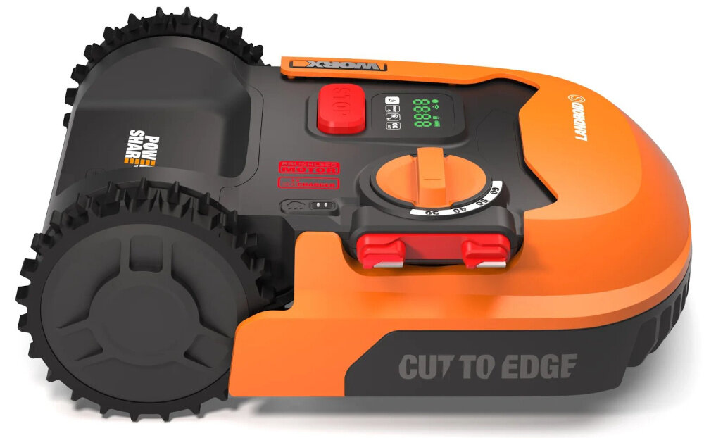 Robot koszący WORX Landroid S250 robot na białym tle widoczny z boku szereg zabezpieczeń czujnik deszczu wbudowany alarm blokada PIN czujniki podnoszenia i przeszkód wygoda bezpieczeństwo