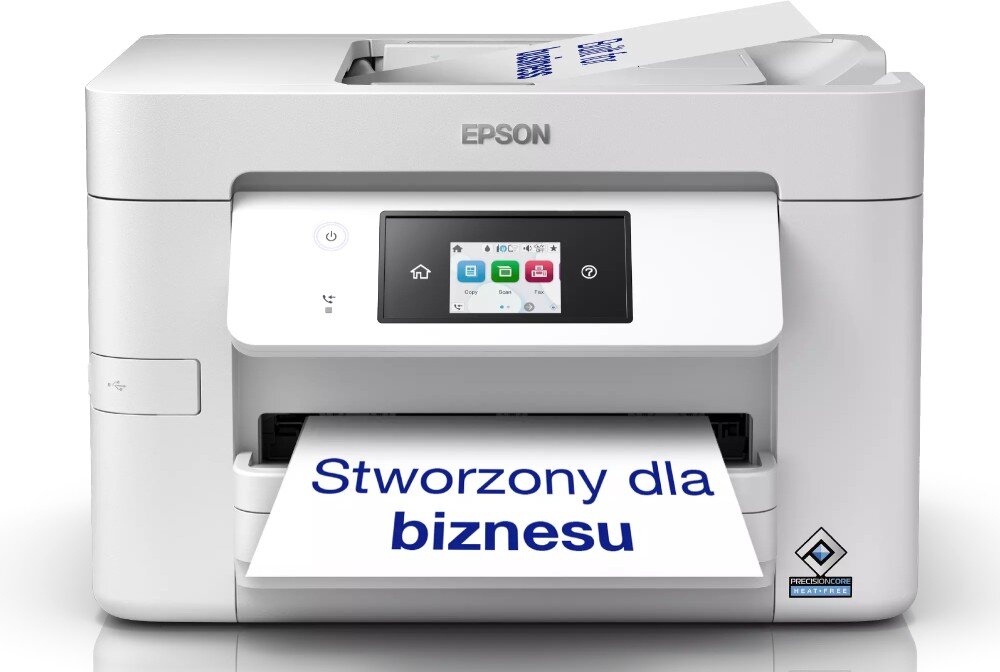 Urządzenie wielofunkcyjne EPSON WorkForce Pro WF-M4619DWF Widok od przodu na drukarkę z kolorowym ekranem dotykowym, z góry wystaje stos papieru, a z przodu wychodzi kartka z napisem „Stworzony dla biznesu”, przeznaczenie, działanie, funkcje