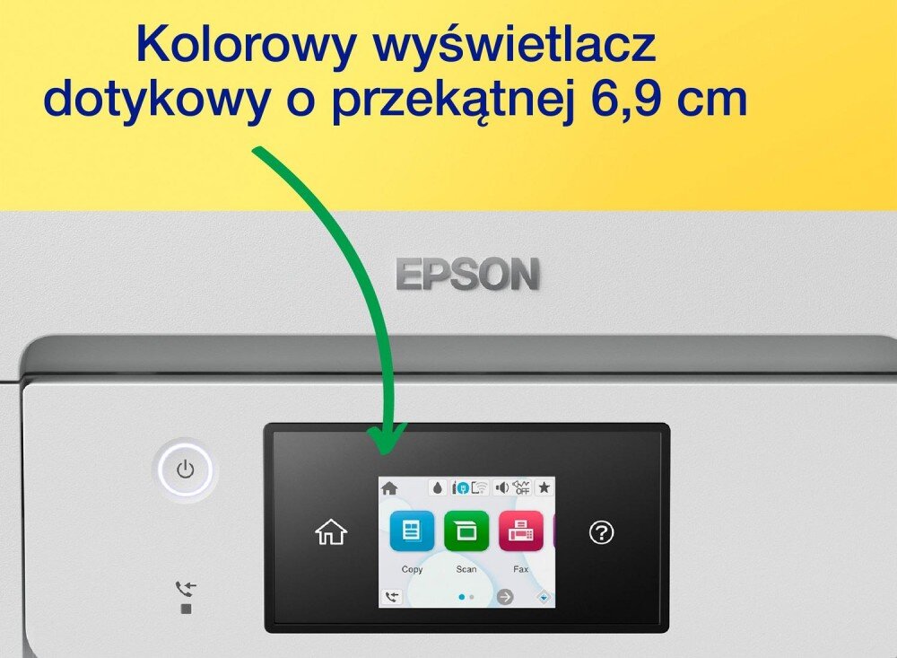 Urządzenie wielofunkcyjne EPSON WorkForce Pro WF-M4619DWF Zbliżenie na przedni panel drukarki z kolorowym ekranem dotykowym o przekątnej 6,9 cm i ikonami funkcji kopiowania, skanowania i faksu; w tle napis informacyjny na żółtym tle, ekran dotykowy, obsługa, podajnik skanera