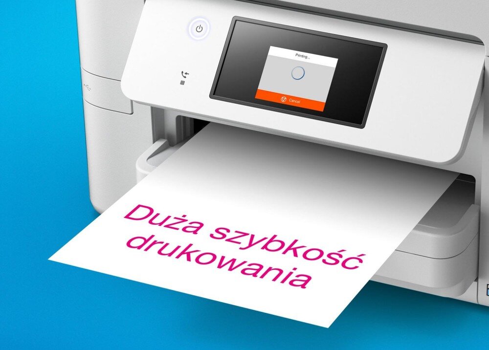 Urządzenie wielofunkcyjne EPSON WorkForce Pro WF-M4619DWF Kartka z napisem „Duża szybkość drukowania” wychodzi z drukarki; na ekranie dotykowym widoczny pasek postępu z informacją o trwającym drukowaniu, głowica drukująca, rozdzielczość, skaner CIS