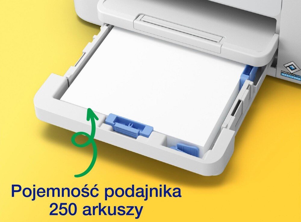 Urządzenie wielofunkcyjne EPSON WorkForce Pro WF-M4619DWF Otwarta szuflada z papierem w drukarce, z zaznaczeniem strzałką pojemności na 250 arkuszy, tło w kolorze żółtym z podpisem informacyjnym, formaty, podajnik papieru, pojemność