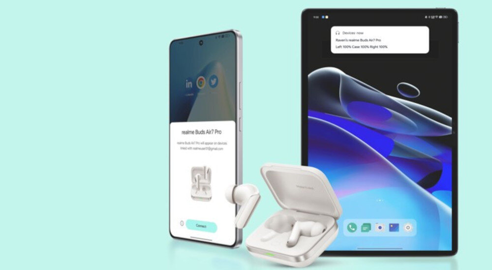 Słuchawki dokanałowe REALME Buds Air 7 Pro - Dwa światy, jedno kliknięcie, słuchawki dokanałowe z etui ładującym z smartfonem oraz tabletem