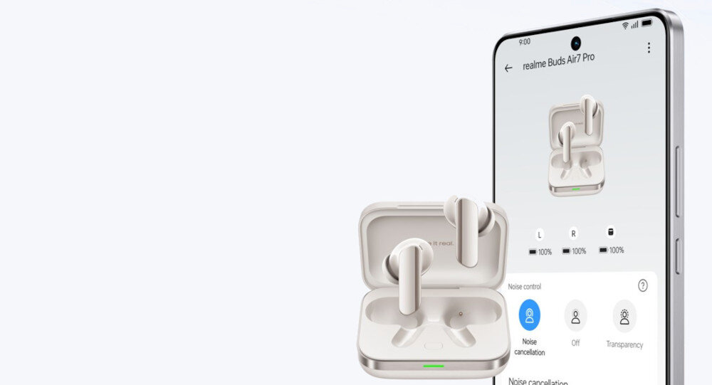 Słuchawki dokanałowe REALME Buds Air 7 Pro - Ustaw wszystko po swojemu, słuchawki dokanałowe z etui ładującem oraz smartfonem na białym tle