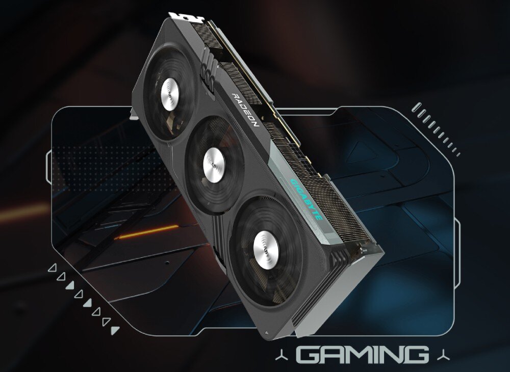 Karta graficzna GIGABYTE Radeon RX 7600 XT Gaming OC 16GB Karta graficzna z trzema wentylatorami i logo 'GIGABYTE' oraz 'RADEON', uniesiona na tle futurystycznej grafiki z napisem 'GAMING', opis