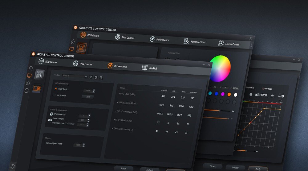Karta graficzna GIGABYTE Radeon RX 7600 XT Gaming OC 16GB Interfejs oprogramowania 'GIGABYTE Control Center' z widokiem ustawień RGB, taktowań, temperatur i prędkości wentylatorów, aplikacja, narzędzia, kontrola