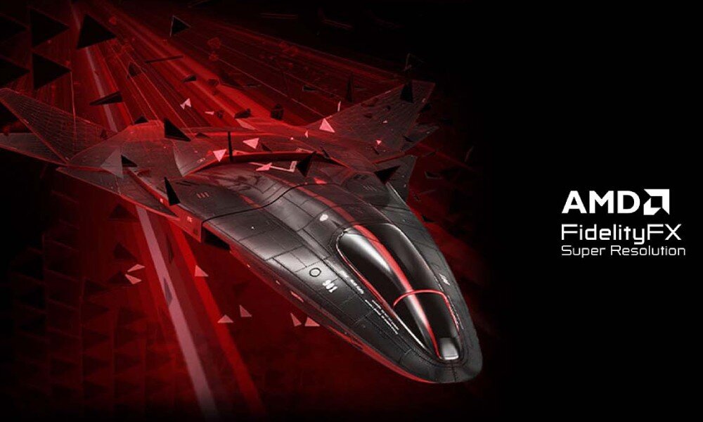 Karta graficzna GIGABYTE Radeon RX 7600 XT Gaming OC 16GB Grafika futurystycznego samolotu przelatującego przez trójkątne elementy z logo 'AMD FidelityFX Super Resolution' po prawej stronie, funkcje, upscaling