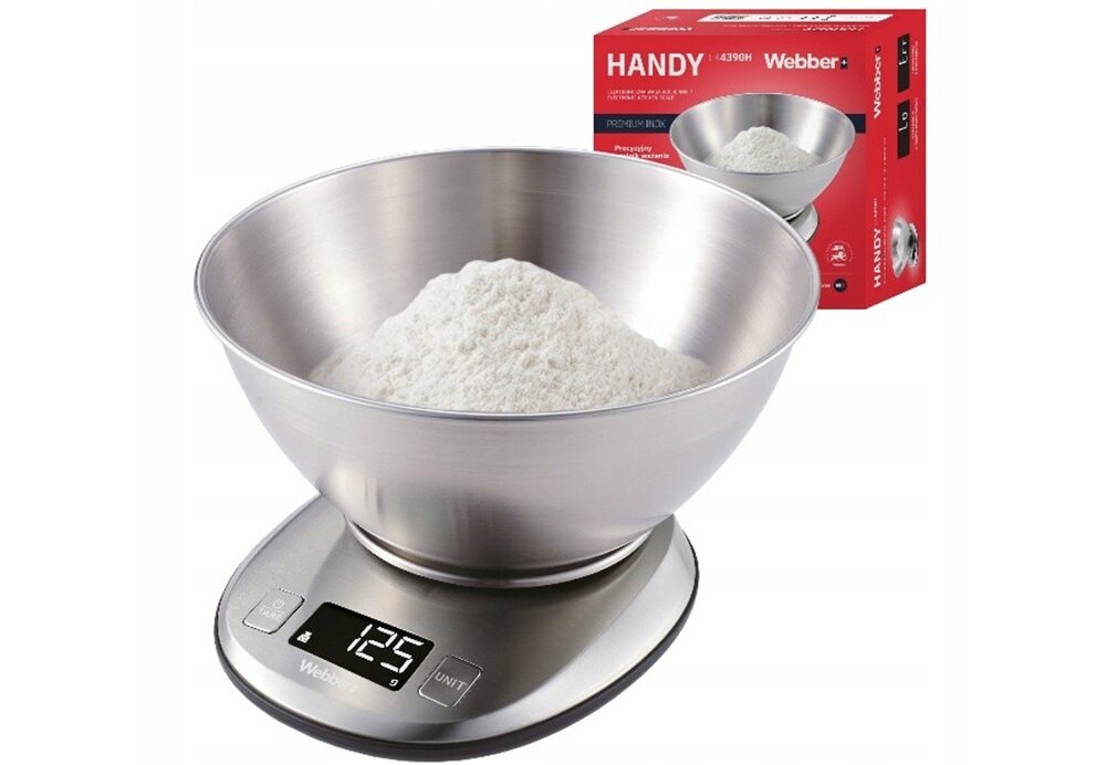 Waga kuchenna WEBBER Handy EK4390H Inox obudowa i zdejmowana misa ze stali nierdzewnej, higieniczna, łatwa do czyszczenia, pomaga zachować porządek