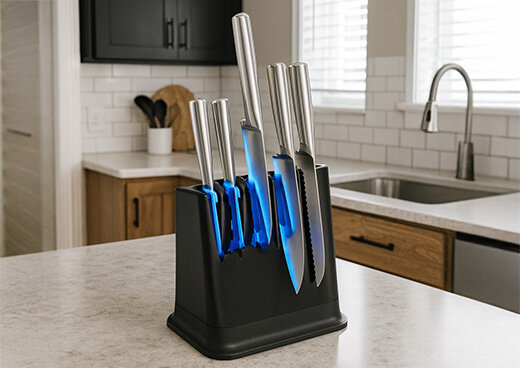 Zestaw noży K2977S44 kuchennych w czarnym bloku umieszczonym na kuchennym blacie.