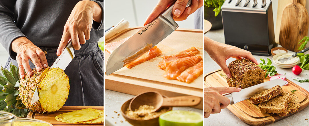 Trzy ujęcia noży kuchennych Ever Sharp K2977S44: krojenie ananasa, filetowanie łososia i krojenie chleba, w tle blok na noże