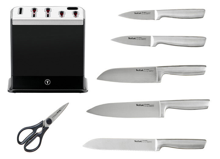 Zestaw noży kuchennych, blok z ostrzałką i nożyczki Tefal EverSharp K2977S44.