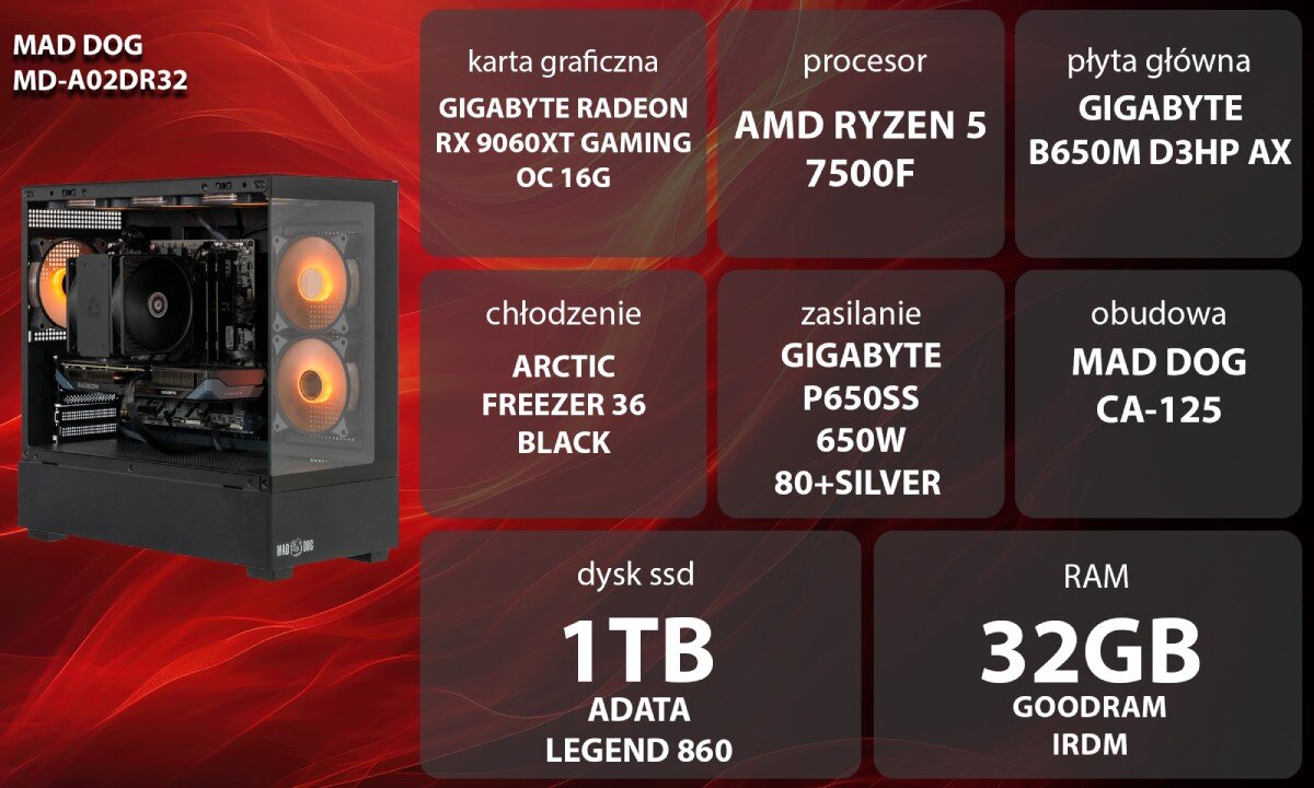 Komputer MAD DOG MD-A02DR32 Czarna obudowa do komputera z przednim panelem wykonanym z metalowej siatki oraz szklanym panelem bocznym ukazującym podświetlone podzespoły