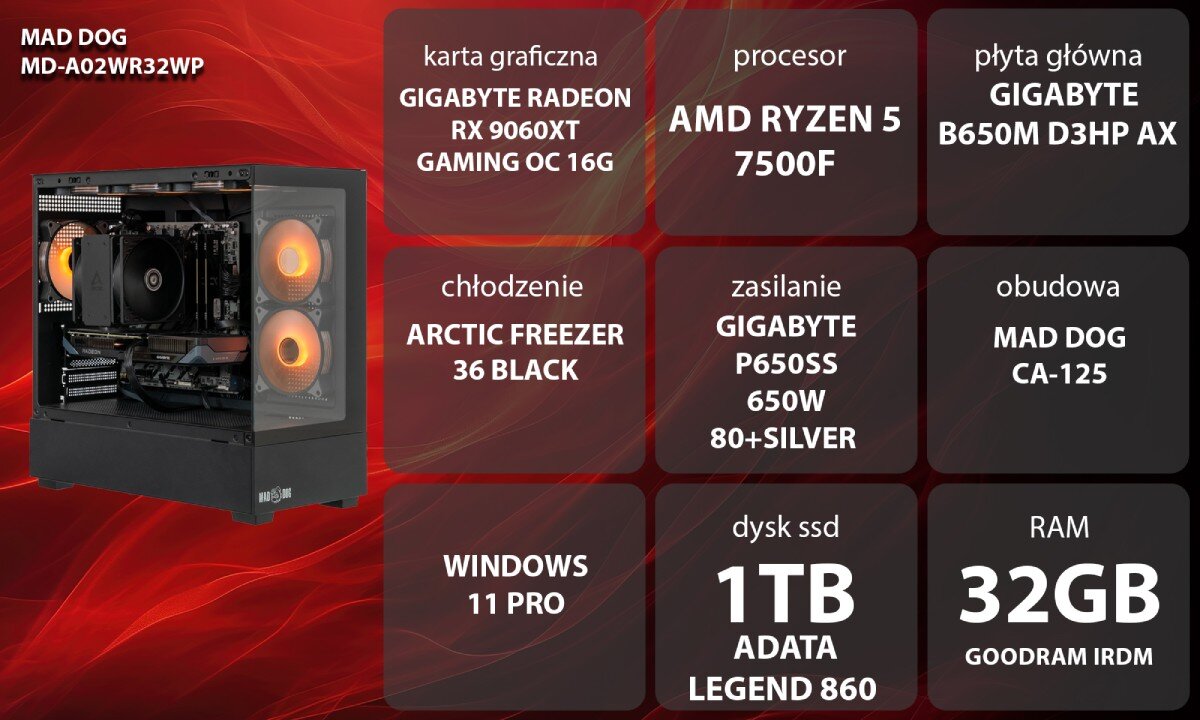 Komputer MAD DOG MD-A02WR32WP Czarna obudowa do komputera z przednim panelem wykonanym z metalowej siatki oraz szklanym panelem bocznym ukazującym podświetlone podzespoły