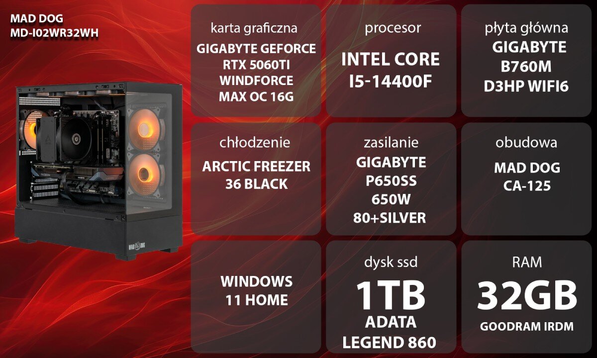 Komputer MAD DOG MD-I02WR32WH Czarna obudowa do komputera z przednim panelem wykonanym z metalowej siatki oraz szklanym panelem bocznym ukazującym podświetlone podzespoły