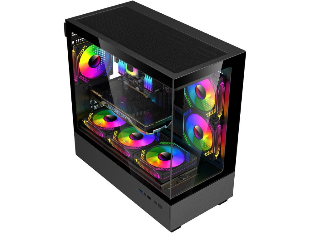 Komputer MAD DOG MD-I02WR32WP Czarna obudowa komputerowa z przeszklonym frontem i bokiem ukazująca wnętrze z wentylatorami podświetlanymi wielokolorowym światłem