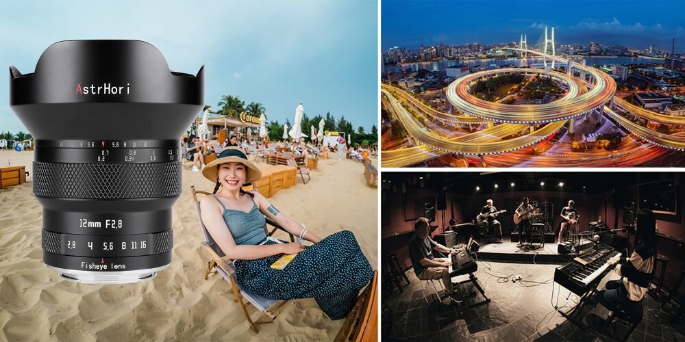 Obiektyw fisheye na tle plaży oraz dodatkowo widoki miasta nocą i zespołu muzycznego grającego w pomieszczeniu