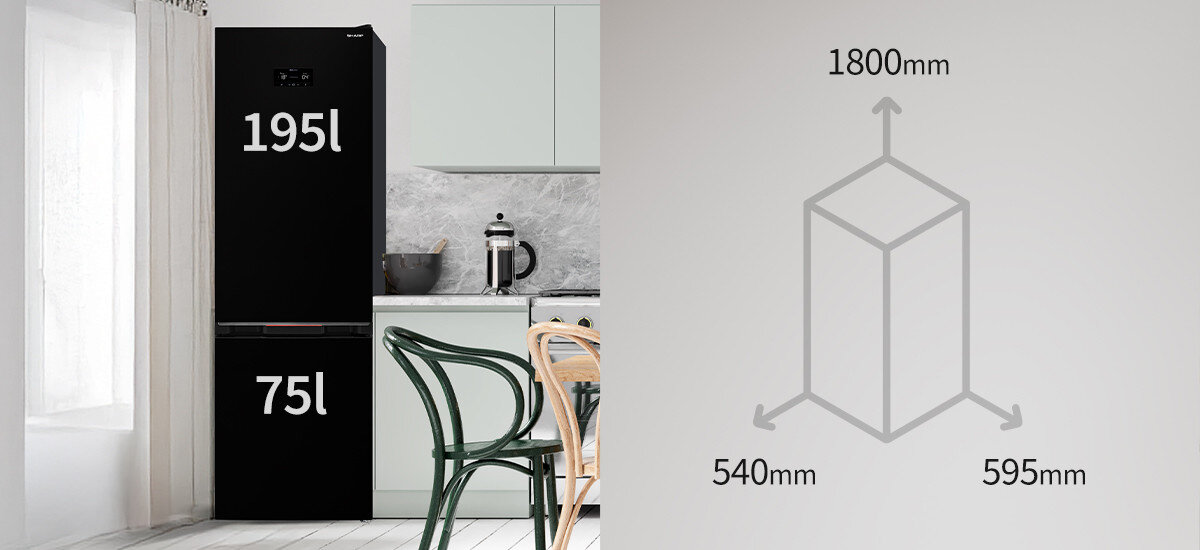 LODÓWKA SHARP SJ-FBA05DHXBE-EU Po lewej stronie pokazano lodówkę z wyraźnie zaznaczonymi pojemnościami komór: 195 litrów w chłodziarce oraz 75 litrów w zamrażarce. Po prawej stronie znajduje się uproszczony schemat bryły z podanymi wymiarami 1800 mm wysokości, 540 mm głębokości i 595 mm szerokości, ułatwiający ocenę miejsca potrzebnego na ustawienie urządzenia 270 l pojemności kompaktowe wymiary 180 cm wysokości przestronna chłodziarka zamrażarka dolna