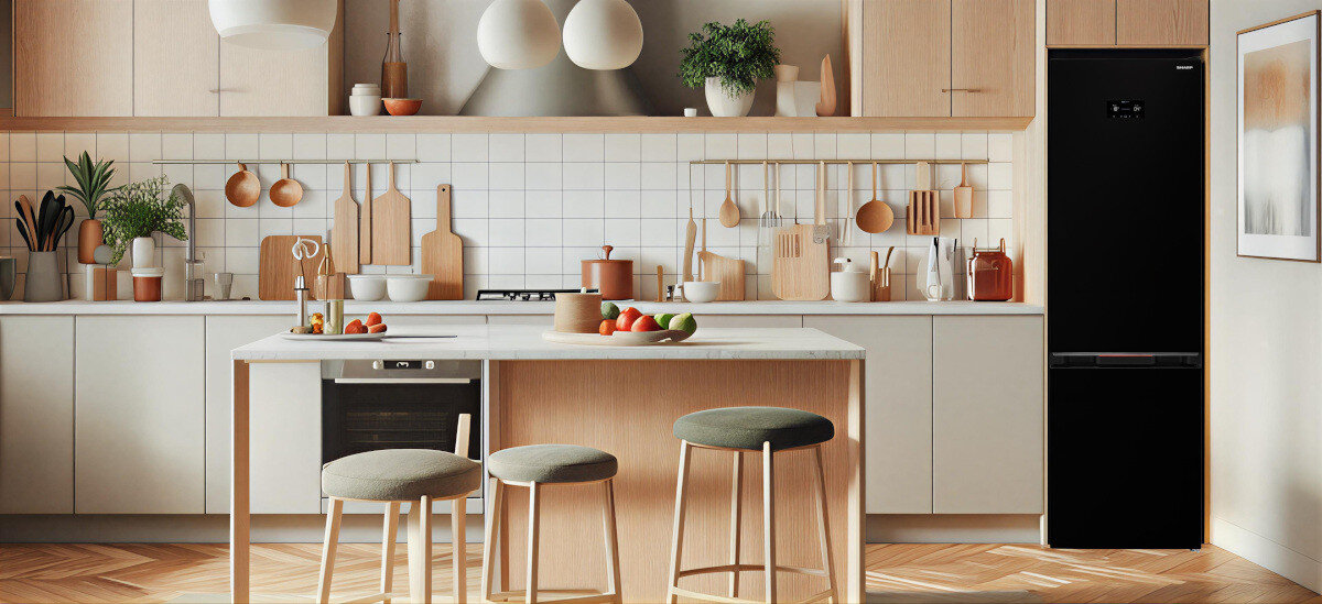 LODÓWKA SHARP SJ-FBA05DHXBE-EU Kuchnia została przedstawiona w jasnej, ciepłej aranżacji z przewagą drewnianych elementów, co tworzy przyjemną, harmonijną atmosferę. Po prawej stronie stoi czarna lodówka, która kontrastuje z wnętrzem i podkreśla jego elegancję bez rozmrażania brak szronu łatwe czyszczenie stałe warunki przechowywania wygoda użytkowania