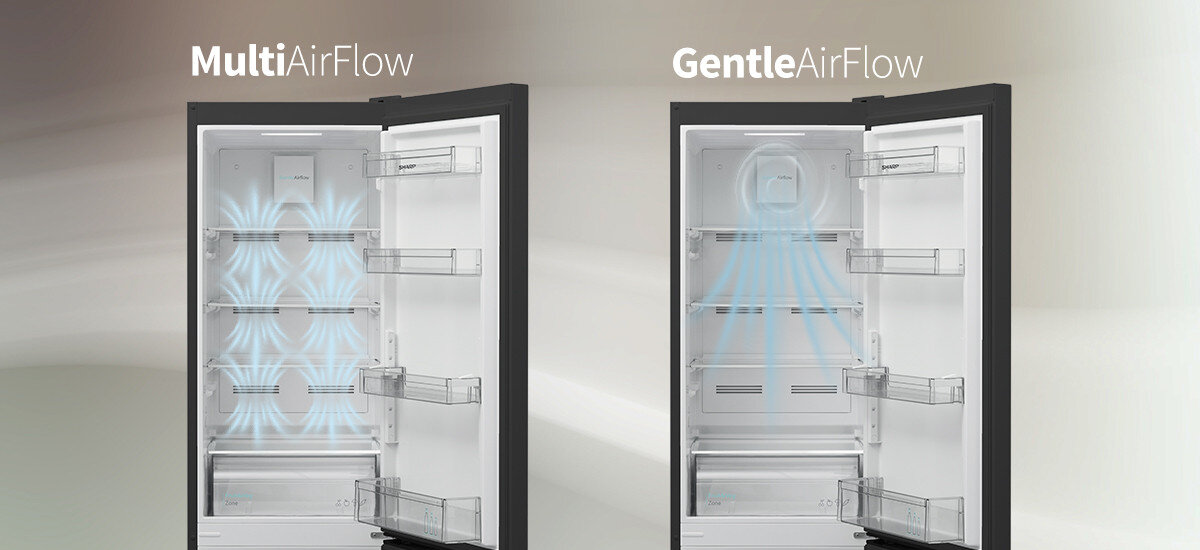 LODÓWKA SHARP SJ-FBA05DHXBE-EU Obraz prezentuje dwa systemy cyrkulacji powietrza: MultiAirFlow oraz GentleAirFlow. Każdy z nich wizualizuje kierunek przepływu chłodnego powietrza wewnątrz lodówki równomierny obieg powietrza brak przesuszania świeżość na każdej półce stabilna temperatura ochrona produktów
