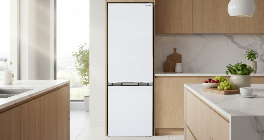 LODÓWKA SHARP SJ-FBA12DMXWE-EU Lodówka SHARP w stalowym wykończeniu wkomponowana w jasną kuchenną zabudowę z drewnianymi frontami i marmurowym blatem, otoczona wyspą kuchenną z owocami oraz dużym oknem z widokiem na zieleń wysoka lodówka 2 metry organizacja wnętrza więcej półek dobra widoczność wygoda użytkowania