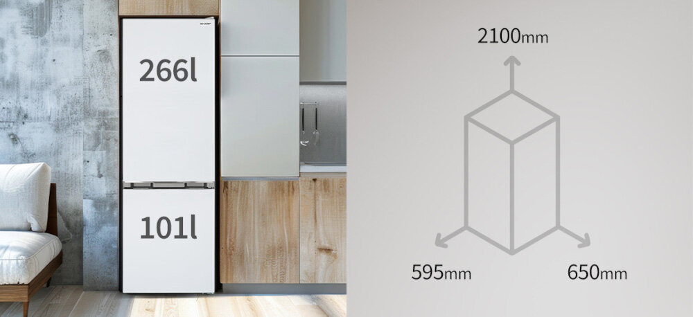 LODÓWKA SHARP SJ-FBA12DMXWE-EU Grafika pokazuje lodówkę z zaznaczoną pojemnością 266 l dla chłodziarki oraz 101 l dla zamrażarki, a obok schemat bryły z wymiarami urządzenia 2100 mm wysokości, 595 mm szerokości i 650 mm głębokości duża pojemność 266 l chłodziarka 101 l zamrażarka kompaktowe wymiary smukły design kuchnia