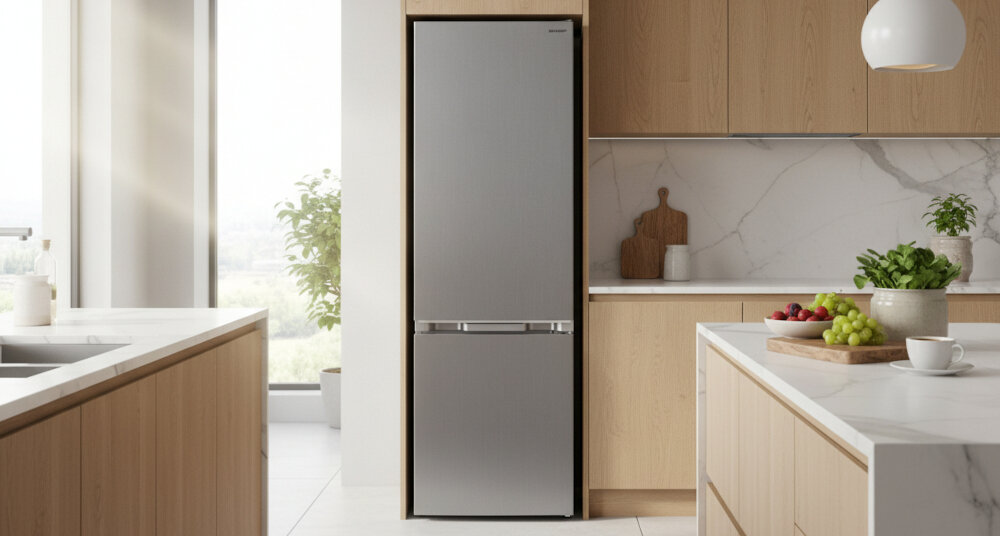 LODÓWKA SHARP SJ-FBA12DMXLE-EU Lodówka SHARP w stalowym wykończeniu wkomponowana w jasną kuchenną zabudowę z drewnianymi frontami i marmurowym blatem, otoczona wyspą kuchenną z owocami oraz dużym oknem z widokiem na zieleń wysoka lodówka 2 metry organizacja wnętrza więcej półek dobra widoczność wygoda użytkowania