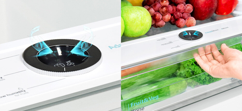 LODÓWKA SHARP SJ-FBA12DMXLE-EU Zbliżenie na pokrętło regulacji wilgotności w szufladzie lodówki oraz widok całej strefy Fruit&Veg z warzywami i owocami, podkreślające możliwość dostosowania poziomu wilgoci do przechowywanych produktów AdaptiMoist regulacja wilgotności szuflada na warzywa owoce dłuższa świeżość wartości odżywcze