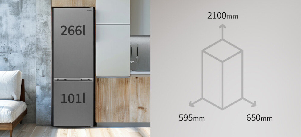 LODÓWKA SHARP SJ-FBA12DMXLE-EU Grafika pokazuje lodówkę z zaznaczoną pojemnością 266 l dla chłodziarki oraz 101 l dla zamrażarki, a obok schemat bryły z wymiarami urządzenia 2100 mm wysokości, 595 mm szerokości i 650 mm głębokości duża pojemność 266 l chłodziarka 101 l zamrażarka kompaktowe wymiary smukły design kuchnia