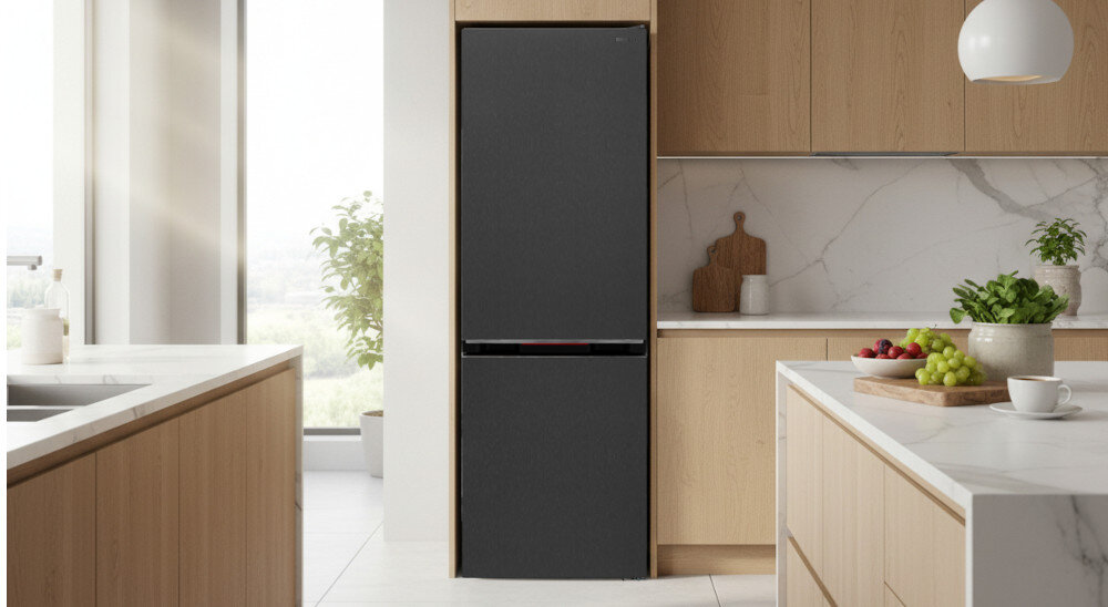 LODÓWKA SHARP SJ-FBA12DMXAE-EU Lodówka SHARP w stalowym wykończeniu wkomponowana w jasną kuchenną zabudowę z drewnianymi frontami i marmurowym blatem, otoczona wyspą kuchenną z owocami oraz dużym oknem z widokiem na zieleń wysoka lodówka 2 metry organizacja wnętrza więcej półek dobra widoczność wygoda użytkowania