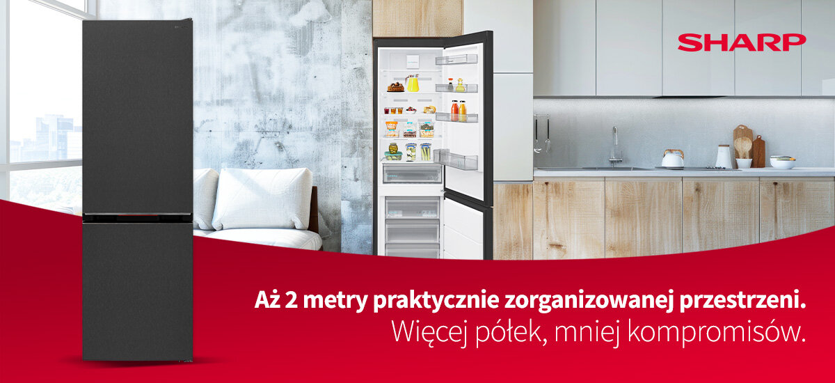 LODÓWKA SHARP SJ-FBA12DMXAE-EU Grafika reklamowa lodówki SHARP z pełnym widokiem urządzenia oraz otwartą lodówką w zabudowie kuchennej w tle, u dołu hasło „Aż 2 metry zorganizowanej przestrzeni. Więcej półek, mniej kompromisów.”